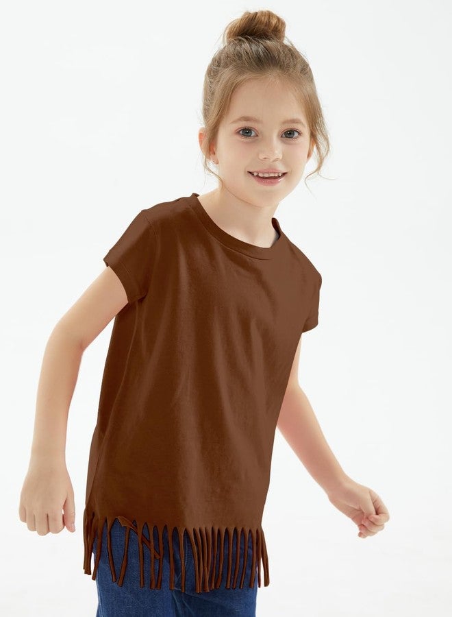 Noomelfish Girls Short Sleeve Fringe T-Shirts Soft Jersey Cotton Tee Tops, Rust Brown, Size 11-12 Years - Image 2